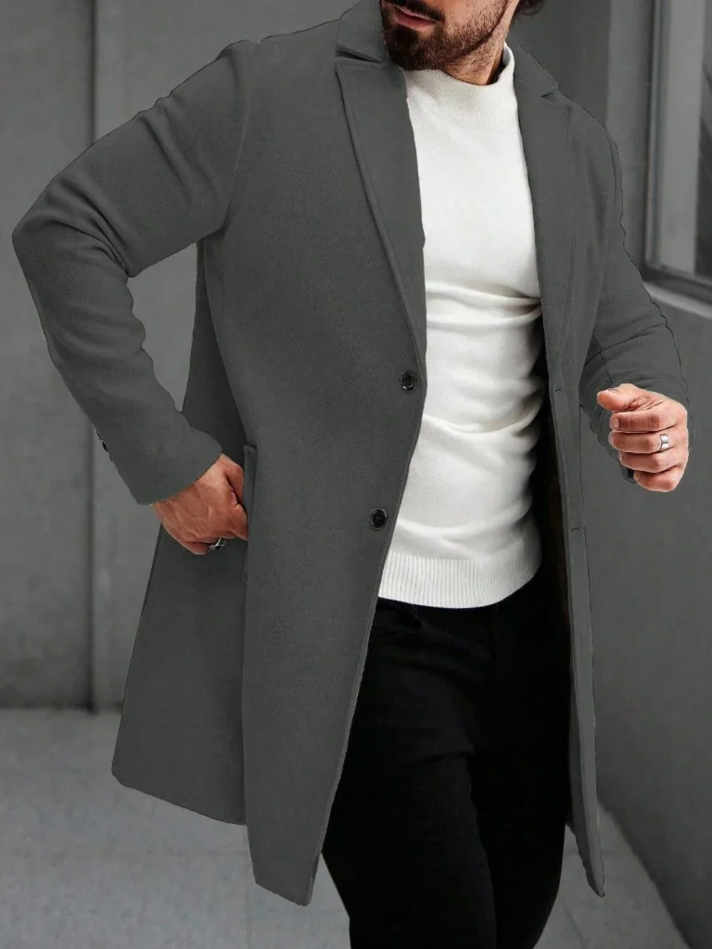 Dark Grey Regular Fit Men's Single Breasted Lapel Long Sleeve Overcoat